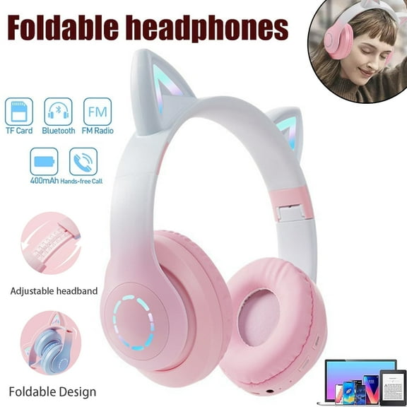 Soapow Cat Ear Bluetooth Headphones for Kids & Adults, Wireless & Wired Foldable Headset with Mic, RGB LED Light, Over-Ear Headphones for Mobile Laptop PC Tablet, Pink