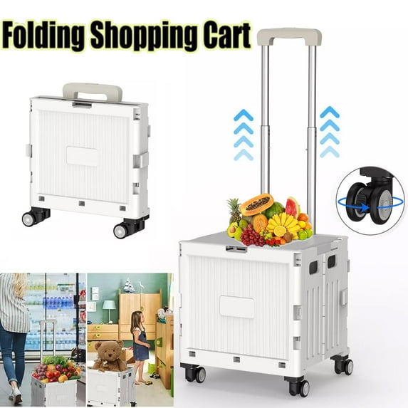 Soapow Foldable Utility Cart Collapsible Portable Rolling Crate Handcart Shopping Trolley Basket Tool Box with 4 Rotate Wheels Lid Telescoping Handle, for Shopping Storage Office, White