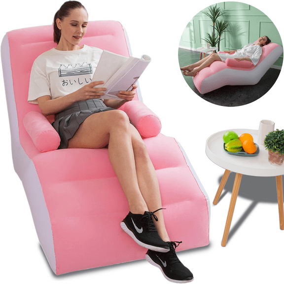 Soapow Inflatable Deck Chair with Air Pump, Foldable Lounge Chair for Bedroom and Living Room, Indoor Outdoor Sofa Lounge with Handrails, Pink