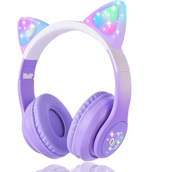 Soapow Kids Cat Ear Bluetooth Headphones, Foldable Kids Adults Girls over Ear Wireless Headphones with Mic & Led Light up, Cat Gaming Headset for Tablet/PS4/PS5/School Gift (Purple)