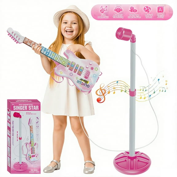 Soapow Kids Guitar and Microphone Play Set, Karaoke Machine with Music, Colorful Light, Stand, Adjustable Height Guitar Toys Gift for Boys, Girls, Toddlers, Child (Pink)