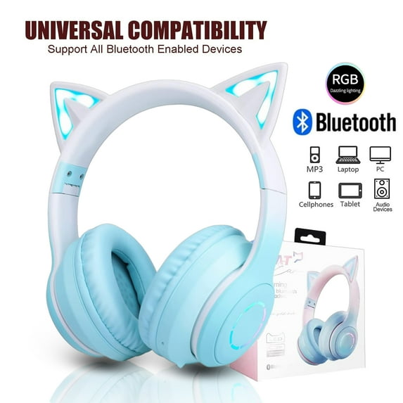 Soapow Cat Ear Kids Bluetooth Headphones for Girls for School, Foldable Gaming Headset with Microphone/LED Light up, Adjustable Headband Teens Toddlers Wireless Earphones for Tablet/PC(Green)