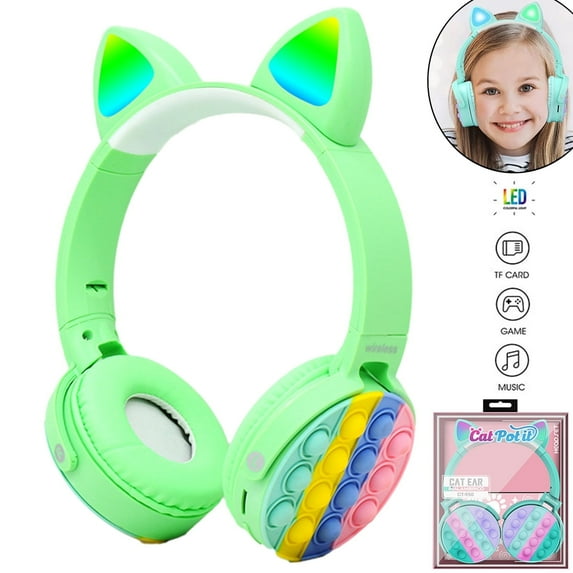 Soapow Kids Headphones with Microphone and RGB LED Light Up, Cat Ear Bluetooth Headphones, Foldable Stereo Over-Ear Headphones for Kids Tablet School Pad Smartphone, Green