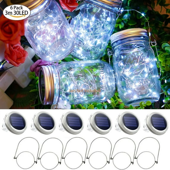 Soapow Mason Jar Solar Lights 3m 30 LED, 6 Pack Hanging Solar Mason Jar Lantern Outdoor, Waterproof Fairy Lights Solar Lamp with 6 Handles for Patio Garden Wedding Yard, Cool White (No Jars)