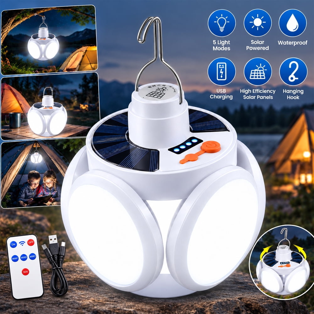 Soapow Solar Camping Lantern, USB/Solar Rechargeable Collapsible Tent LED Lights with Remote, Portable RV Emergency Solar Hanging Lantern Lamp for Night Fishing, Hiking