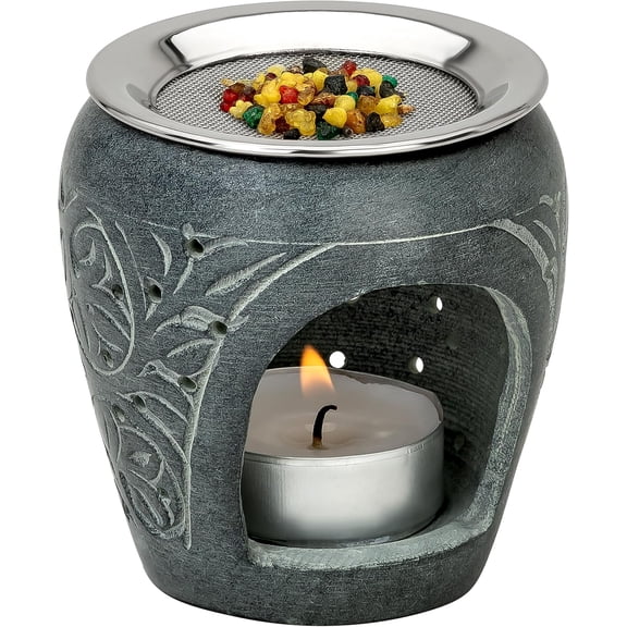 Soapstone Incense Burner with Strainer | 3.34 Inch Height & 3.15 Inch Diameter | Handmade Natural Stone Incense Holder for Gentle Aromatherapy with Tea Light | Decorative Meditation Accessory