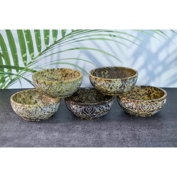 Soapstone Natural Smudge Pot | Stone Bowl | Scrying And Smudge Bowl Handmade Leaf Carved Design Household Kitchen Table Decorative Gift 5 Inch