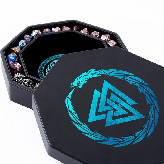 Soar Forge Dice Tray for DND and RPG - Beautiful Cerulean Blue Valknut and Dragon 9 Inch Rolling Tray Compatible with Dungeons and Dragons and Tabletop RPGs - Box Storage to Protect Dice