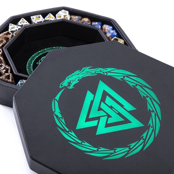 Soar Forge Dice Tray for DND and RPG - Beautiful Green Valknut and Dragon 9 Inch Rolling Tray Compatible with Dungeons and Dragons and Tabletop RPGs - Box Storage to Protect Dice