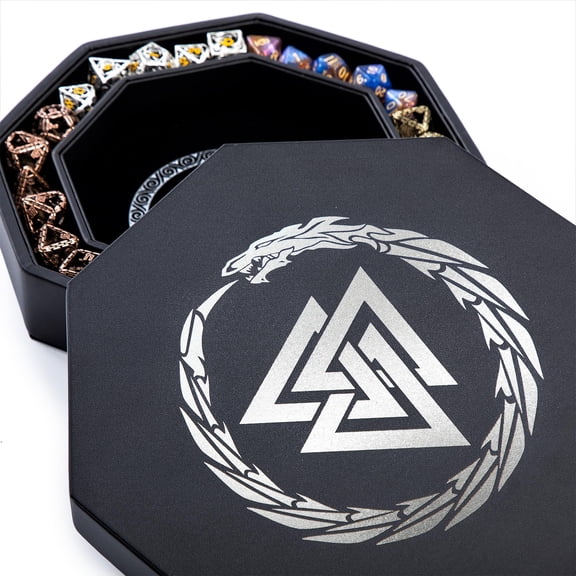 Soar Forge Dice Tray for DND and RPG - Beautiful Valknut and Dragon 9 Inch Rolling Tray Compatible with Dungeons and Dragons and Tabletop RPGs - Box Storage to Protect Dice