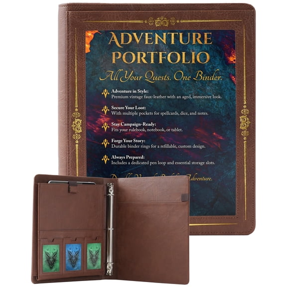 Soar Forge Vintage Adventurer's Portfolio – PU Leather Character Sheet Binder, Binder for DND with Spell Card Display Organizer, Clear Front Cover, and Storage Pockets (Elder Brown Gold Foil)