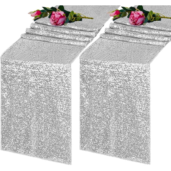 SoarDream 2 Packs 12"x72" Silver Sequin Table Runner, Glitter Runner for Birthday Party Supplies Decorations Wedding Bachelorette Holiday Celebration Bridal Shower Baby Shower
