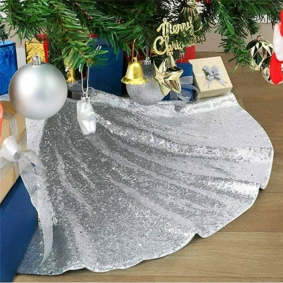 SoarDream Christmas Tree Skirt Silver Xmas Tree Ornaments Sequin Fabric Tree Floor Carpets 24inch Tree Skirting Dress for Festival Holiday Party