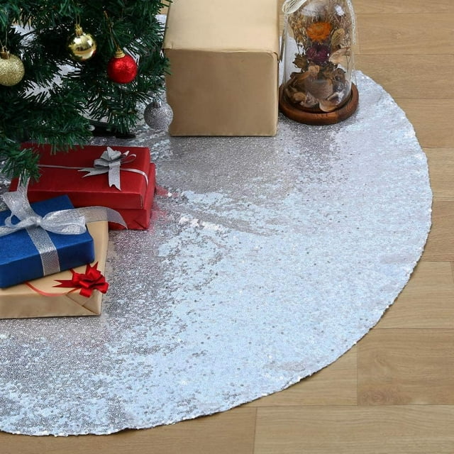 SoarDream Christmas Tree Skirt Silver Xmas Tree Ornaments Sequin Fabric