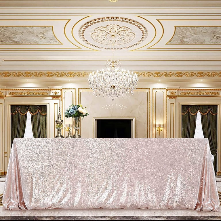 QueenDream Sequin Tablecloth 90x132 Inch - Champagne Blush, Seamless Sparkly Glitter Cloth For Weddings, Parties & Decor