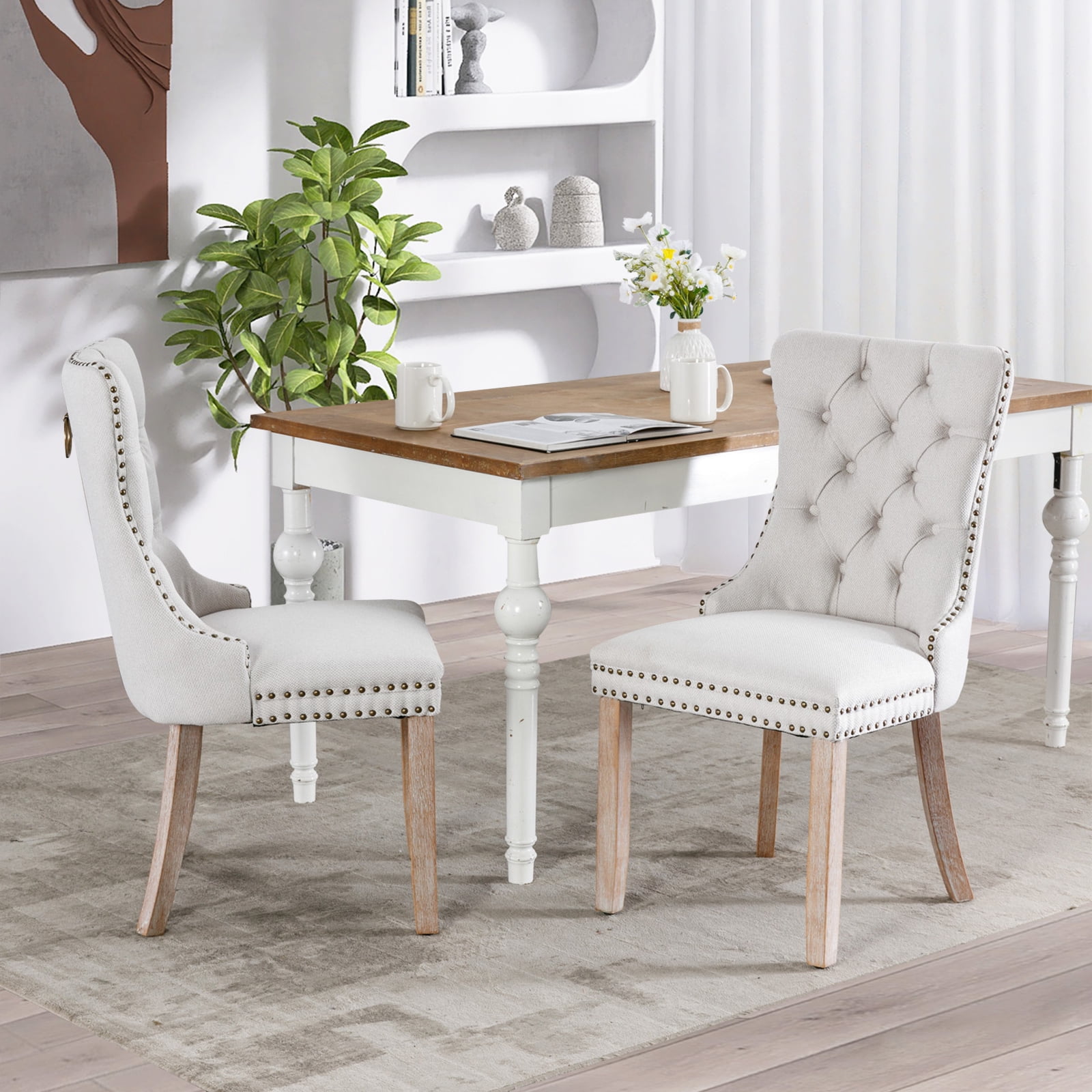 Beige Linen Upholstered Dining Chairs with Wood Legs, Set of 2