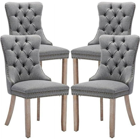 SoarFlash Linen Fabric Dining Chair Set of 4, Upholstered Tufted Dining Room Chair with Nailhead Trim, Solid Light Color Wood Leg for Kitchen (Smoky Gray)