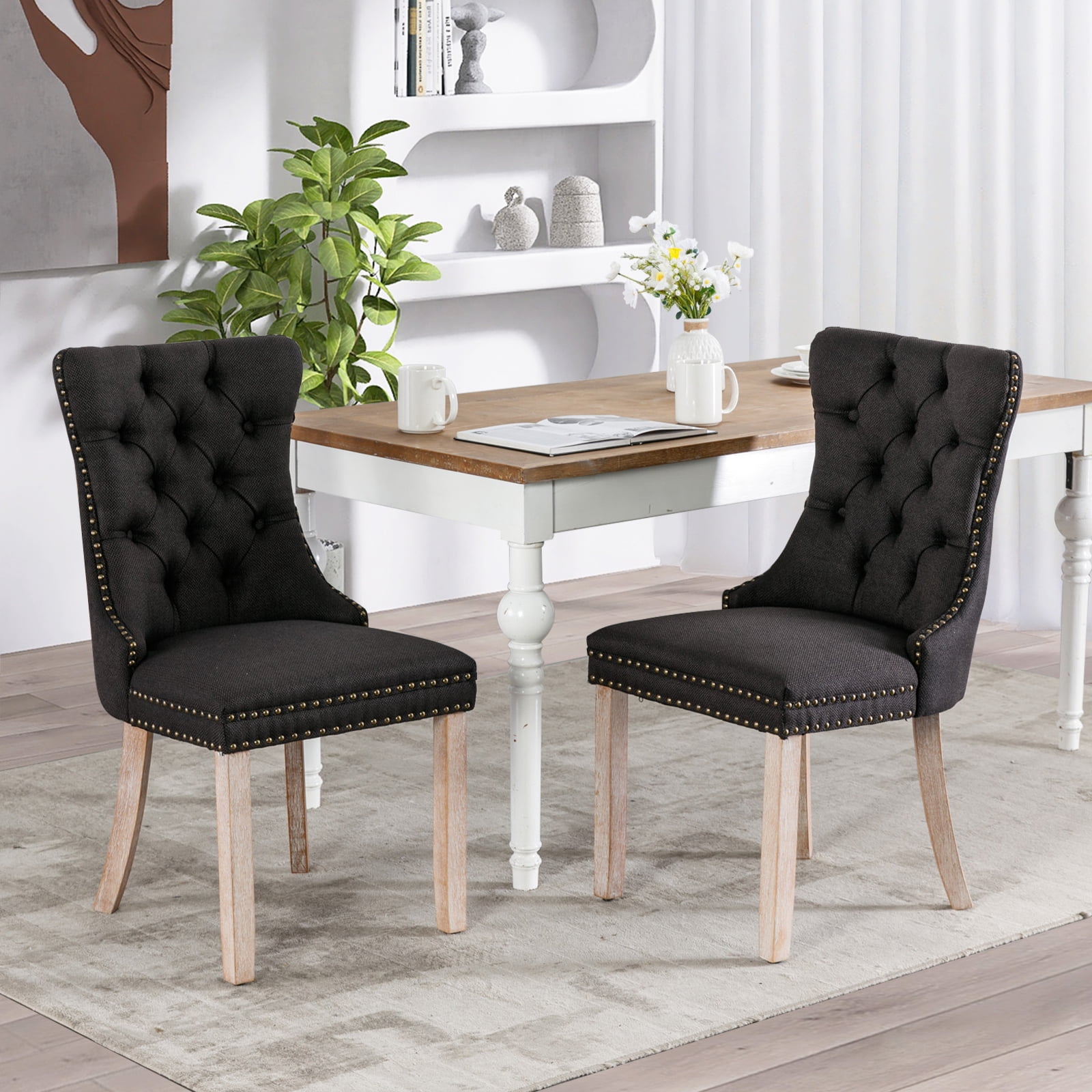 SoarFlash Linen Fabric Dining Chair Set of 2, Upholstered Tufted Dining ...