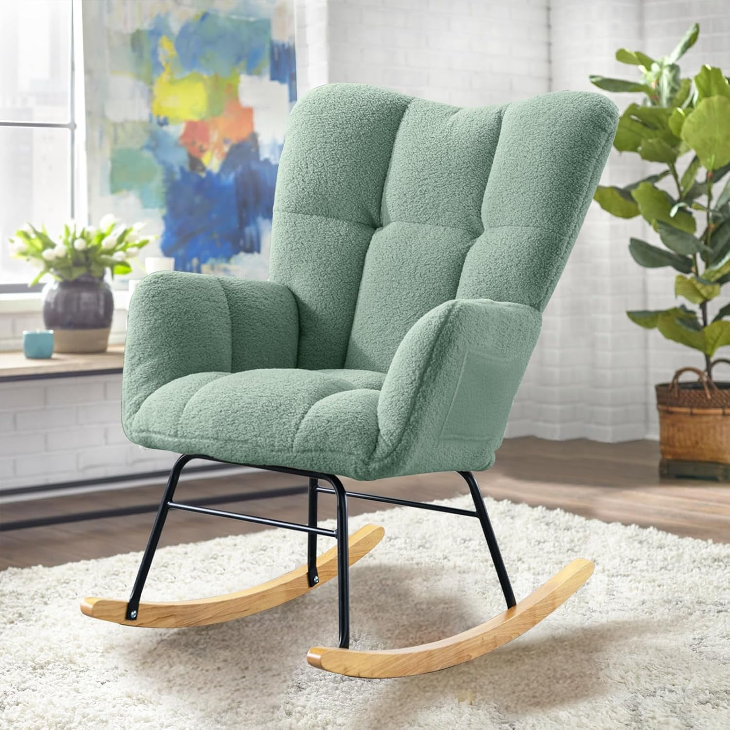 Virabit Modern Teddy Fabric Rocking Glider Chair - High Back Nursery Rocker, Grey Accent Chair For Living Room