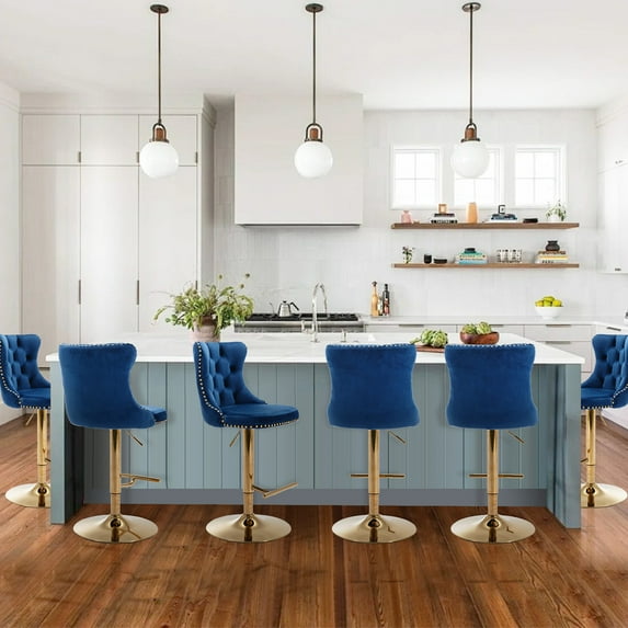 SoarFlash Velvet Adjustable Swivel Bar Stool Set of 6,with Gold Plated Metal Leg and Button Tufted for Kitchen, Bar, Dining Room (Blue)