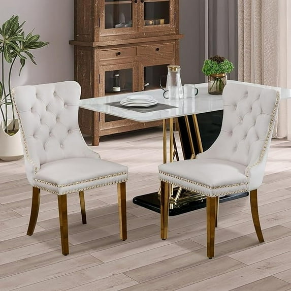 SoarFlash Velvet Dining Chair Set of 2, Upholstered Tufted Dining Room Chair with Nailhead Trim, Solid Gold Plated Leg for Kitchen (Beige)