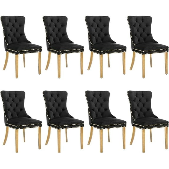 SoarFlash Velvet Dining Chair Set of 8, Upholstered Tufted Dining Room Chair with Nailhead Trim and Solid Gold Plated Leg for Kitchen (Black)