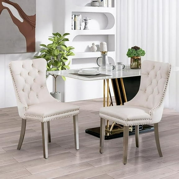 SoarFlash Velvet Dining Chairs Set of 2, Tall Back Side Chair, Modern Upholstered High-end Tufted Side Chair with Button Back Ring, Silver Plated Legs (Creamy White)