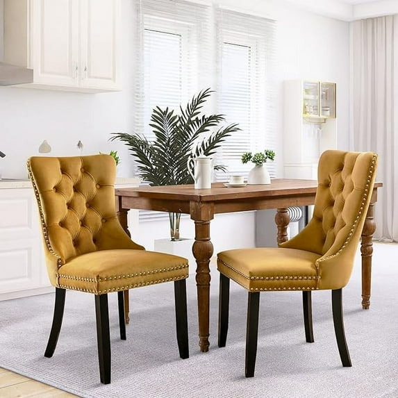 SoarFlash Velvet Dining Chairs Set of 2, Tall Back Side Chair, Modern Upholstered High-end Tufted Side Chair with Button Back Ring, Solid Wood Legs (Gold)