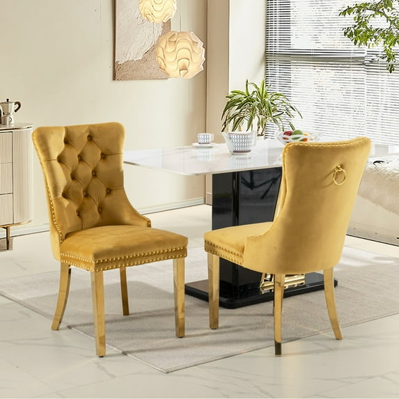 SoarFlash Velvet Dining Chairs Set of 2, Tall Back Side Chair, Modern Upholstered Side Chair with Button Back Ring, Gold Plated Stainless Steel Legs (Gold)