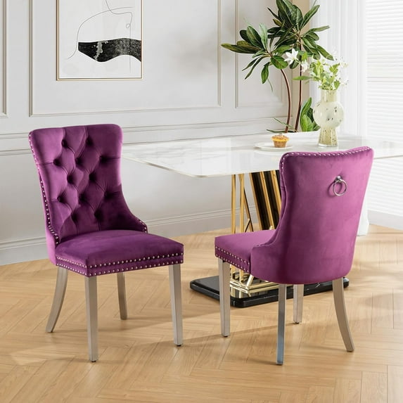 SoarFlash Velvet Dining Chairs Set of 2, Tall Back Side Chair, Modern Upholstered Side Chair with Button Back Ring, Silver Plated Stainless Steel Legs (Purple)