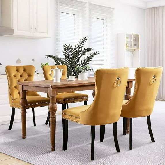 SoarFlash Velvet Dining Chairs Set of 4, Tall Back Side Chair, Modern Upholstered High-end Tufted Side Chair with Button Back Ring, Solid Wood Legs (Gold)