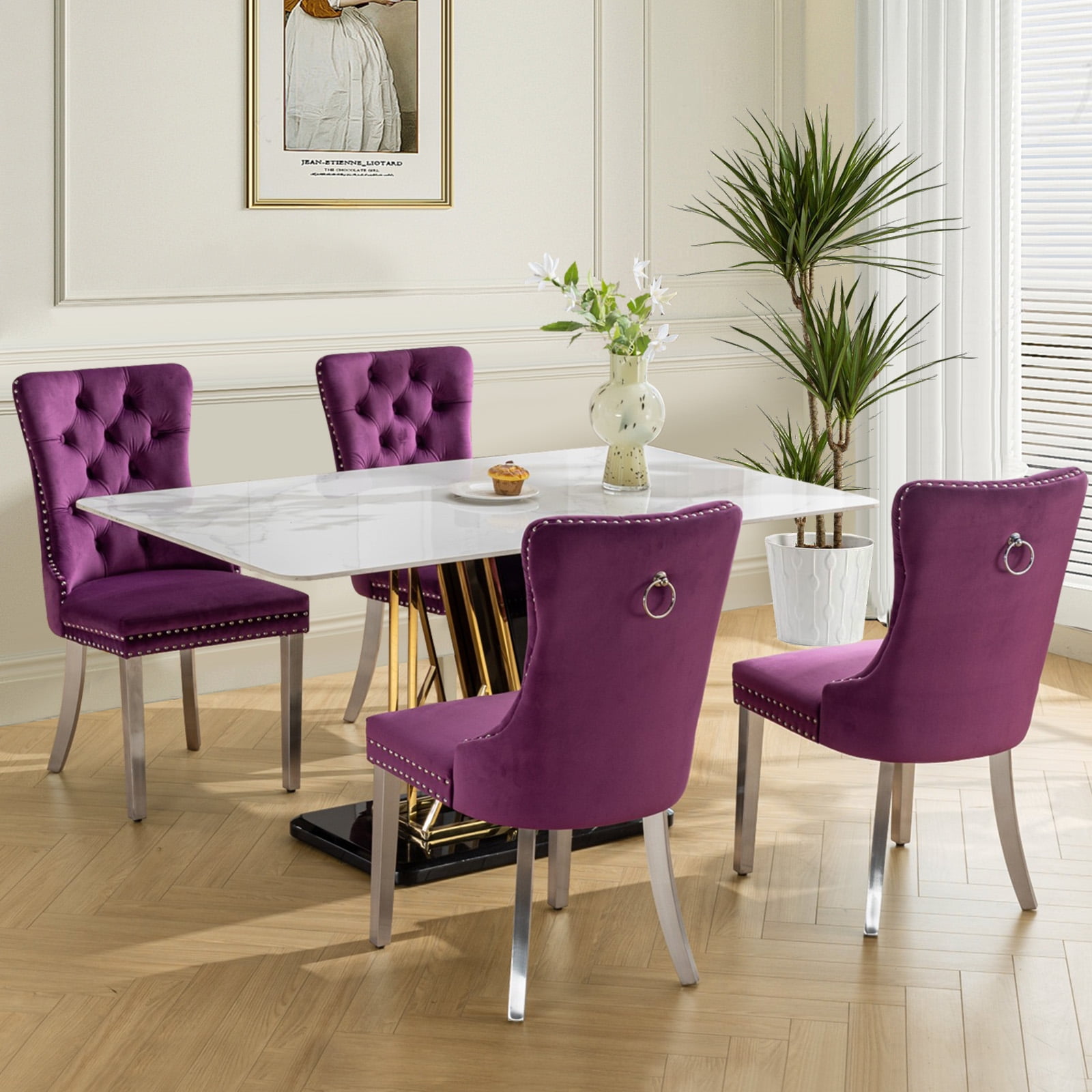 SoarFlash Velvet Dining Chairs Set of 4, Tall Back Side Chair, Modern Upholstered Side Chair with Button Back Ring, Silver Plated Stainless Steel Legs (Purple)