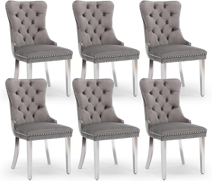 Gray Velvet Upholstered High Back Dining Chairs with Wood Legs, Set of 6