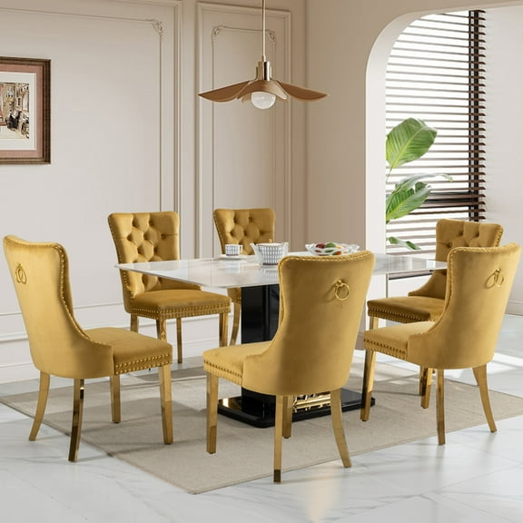 SoarFlash Velvet Dining Chairs Set of 6, Tall Back Side Chair, Modern Upholstered Side Chair with Button Back Ring, Gold Plated Stainless Steel Legs (Gold)