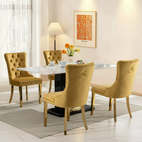 SoarFlash Velvet Dining Chairs Set of 4 with Button Back Ring, Gold Plated Stainless Steel Legs suitable for living room (Gold)
