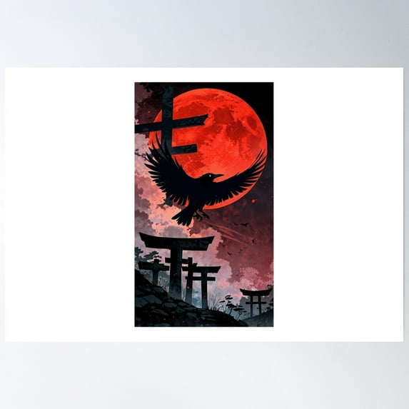Soaring Crow Under A Blood Moon Poster Wall Art, Modern Wall Decor, 24x36 UNFRAMED