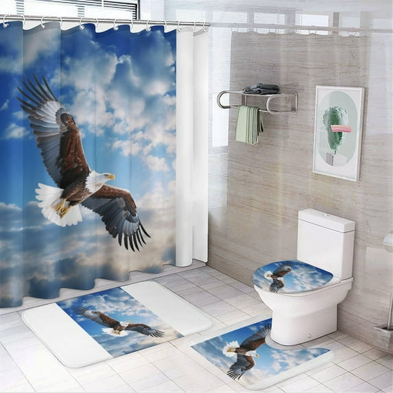 Soaring Eagle in The Sky 4 Pcs Shower Curtain Set with Rug Bathroom Sets with Waterproof Fabric And Non-Slip Rugs Toilet Lid Cover Bath Mat Decor with Hooks