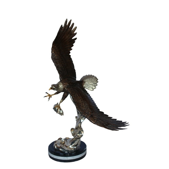Soaring eagle carrying prey bronze statue - Size: 16"L x 23"W x 39"H.