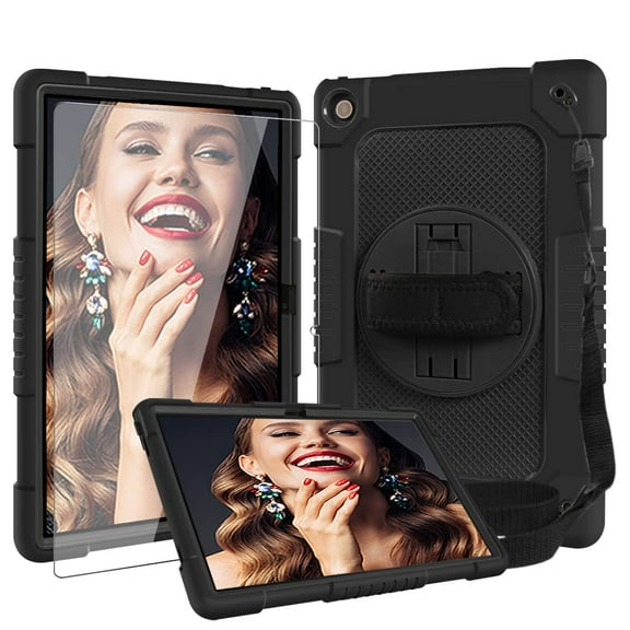 Soatuto 10.6" 3-Layer Protective Tablet Case with Tempered Glass Screen Protector, Black