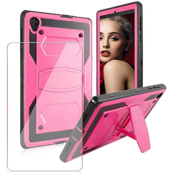 Soatuto for Alcatel Joy Tab 2 / TCL Tab 9048S 8 inch Case with Screen Protector, Rugged Sturdy Armmor Cover And Tempered Glass Screen Protector For Alcatel Joy Tab 2 2020 TCL Model 9048S - Pink+1 Pcs