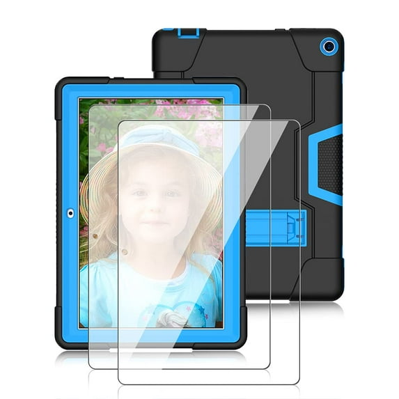 Soatuto For Walmart Onn 10.1 Pro Tablet Case With Screen Protector , Shock-Resistant Kids Friendly Cover And Tempered Glass Screen Protector For Walmart Onn 10.1 inch Pro 100003562 - Black+Blue/2 Pcs