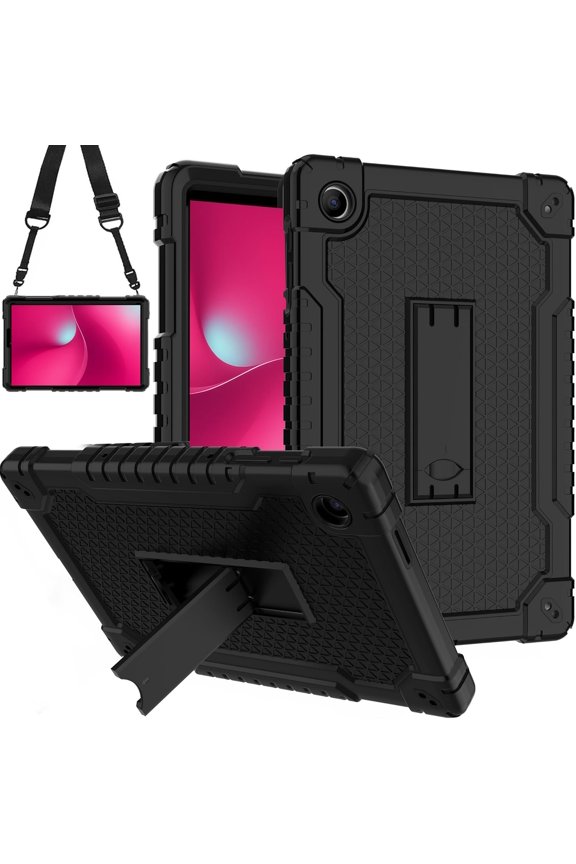 case for T-Mobile Revvl Tab 2 2025 Released 10.1 inch Hybrid Shockproof Protective Case Hard Shell Built in Kickstand Shoulder Strap for Revvl Tab 2 2025 (Black)