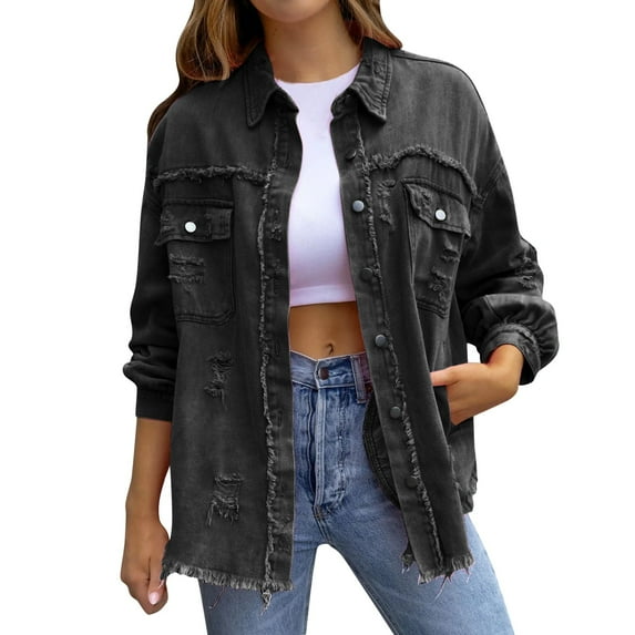 Sob Jacket Women's Trendy Ripped Oversized Denim Jacket Casual Long Boyfriend Distressed Denim Jacket Jacket Women Fitted Long Sleeve Juniors Casual Jackets Young Womens Jackets Short Jacket Women