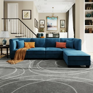 Large Velvet Fabric U Shape Sectional Sofa Navy