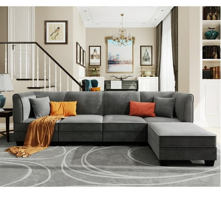 Sobaniilo 116" Sectional Sofa Couch with Reversible Chaise, Velvet L-Shaped Couch Sofa 4-seat Modular Large Sectional Couch with Ottoman for Living Room, Upholstered Cushion, Gray