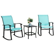 Sobaniilo 3 Piece Outdoor Rocking Bistro Set, Textilene Fabric Rocking Chair Set with Glass Table, for Lawn, Garden, Balcony, Poolside (Blue)