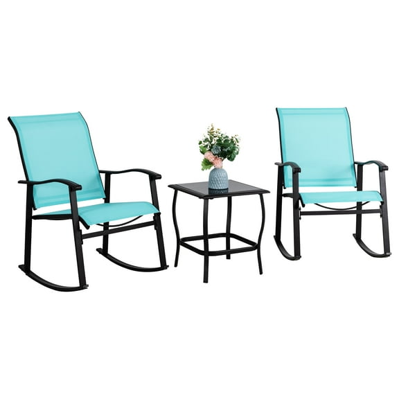 Sobaniilo 3-Piece Steel Outdoor Bistro Sets with Rocking Chair and Glass Table, Blue