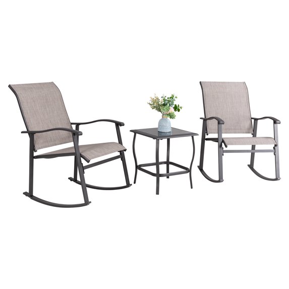 Sobaniilo 3 Piece Outdoor Rocking Bistro Set, Textilene Fabric Rocking Chair Set with Glass Table, for Lawn, Garden, Balcony, Poolside (Taupe)