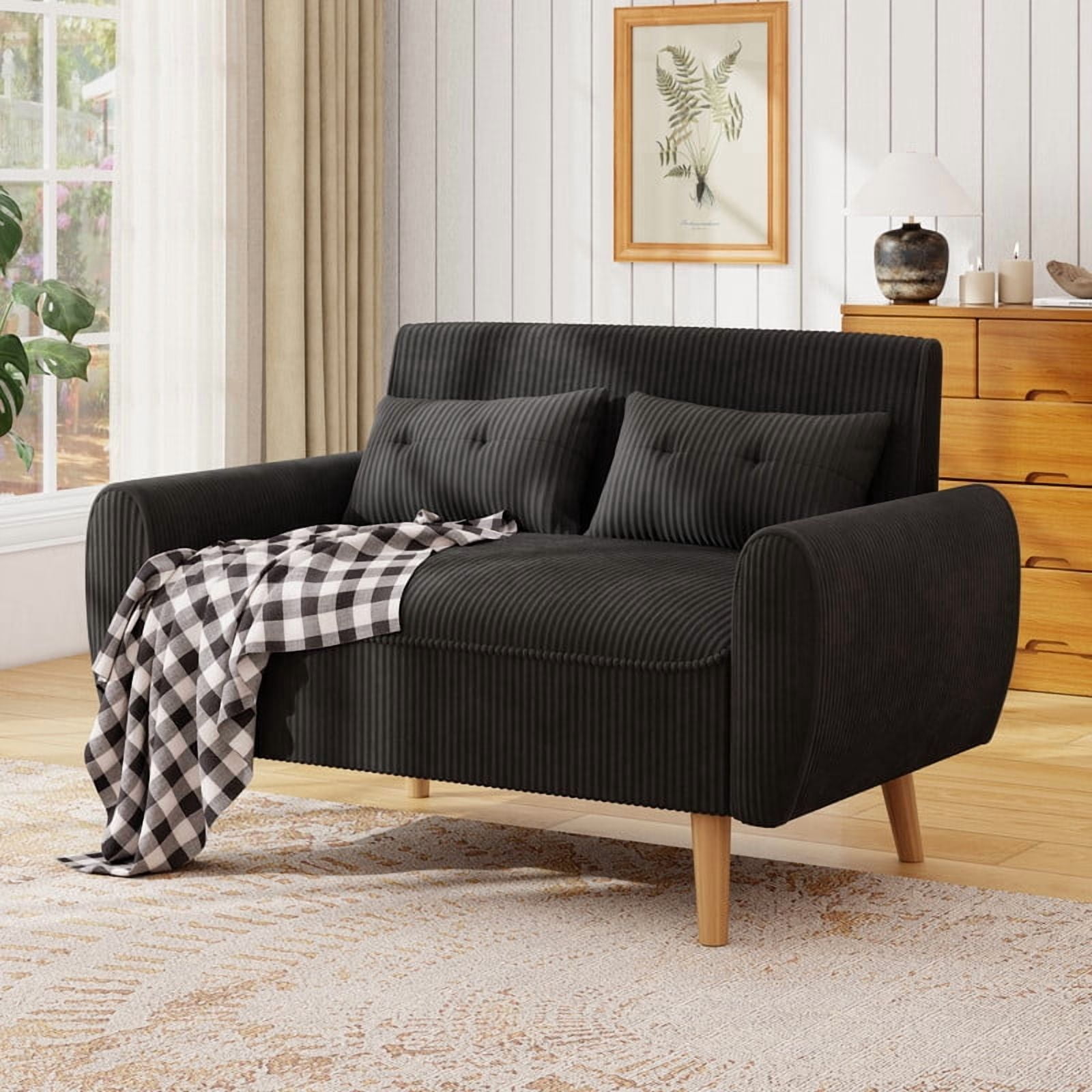 Sobaniilo 47" Small Modern Loveseat Sofa, Mid Century Linen Fabric 2-Seat Sofa Couch Tufted Love Seat with Back Cushions and Tapered Wood Legs for Living Room, Bedroom and Small Space (Black)