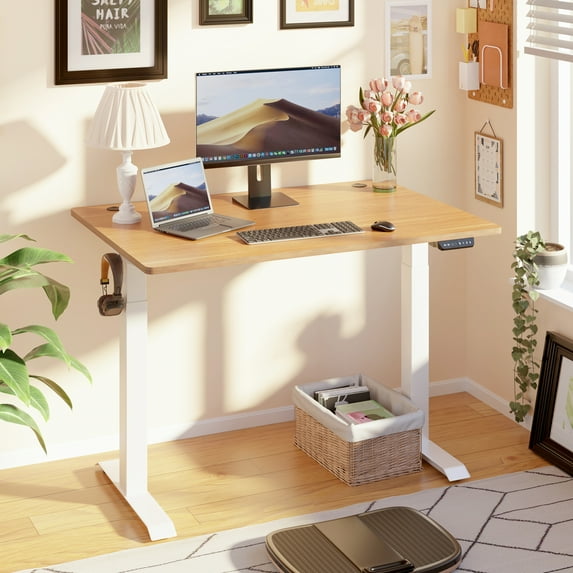 Sobaniilo 48'' x 24'' Electric Height Adjustable Standing Desk, Home Office Sit Stand Up Desk(White Frame + Bamboo Top)